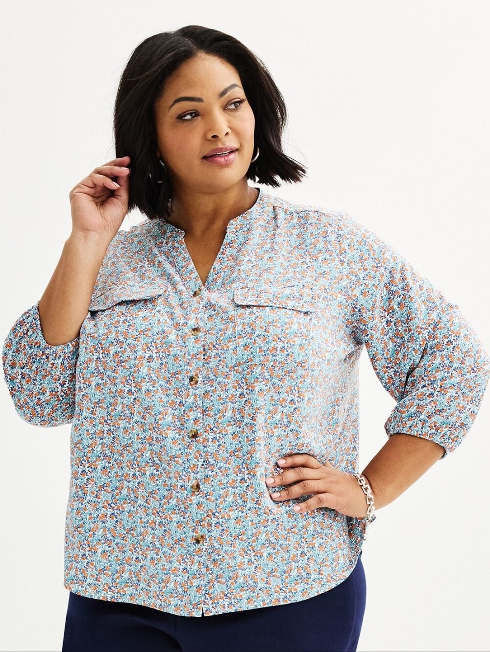 Croft & Barrow Floral Button Front V-Neck Blouse 3X Blue Orange 3/4 Sleeve Top